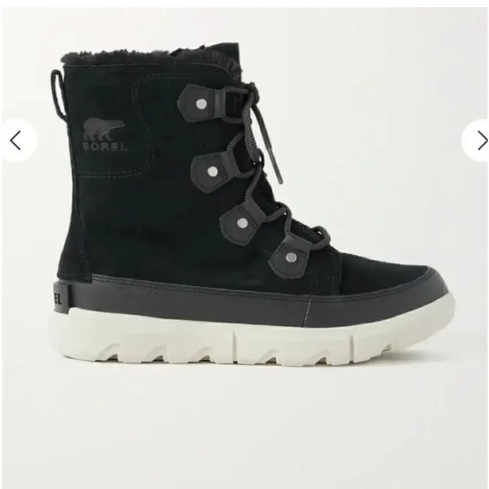 Sorel Explorer II Joan WP Black faux fur-trimmed suede ankle boots Sz 11